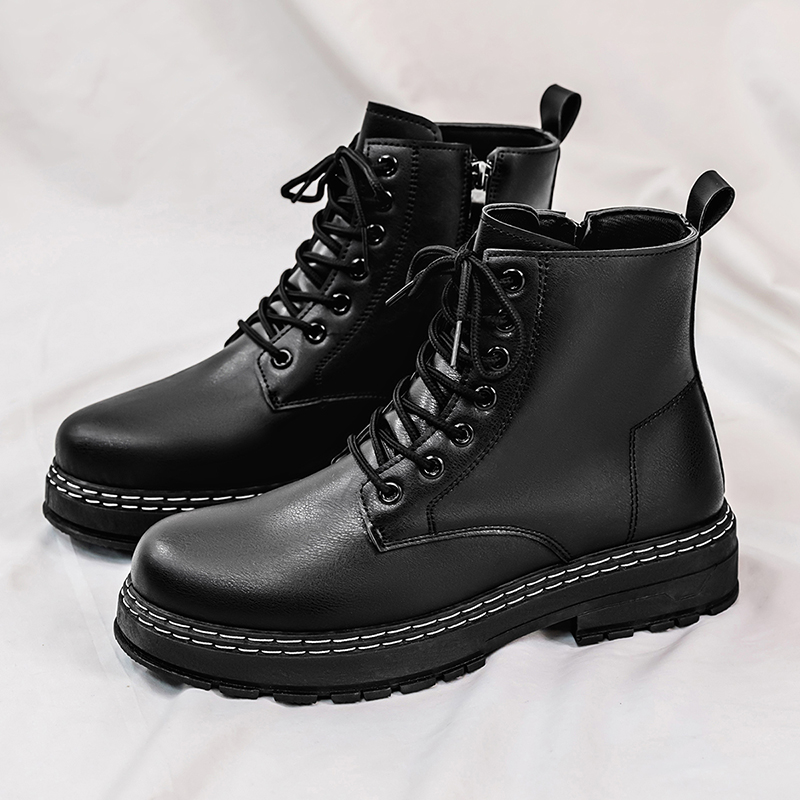 Leather Work Boots - 4-seizoenen zwarte lakleren motorlaarzen voor heren