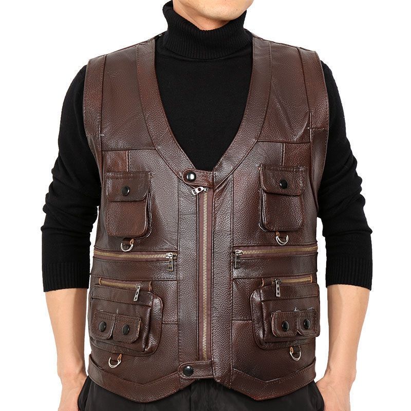 Leather Work Vest - Koeienhuid Echt Lederen Vest Mannelijke kleding