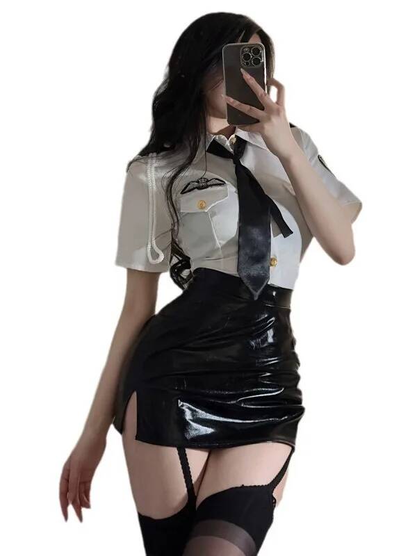 Leatherwork Letters - Sexy Stewardess Kleding Turn-Down Kraag Korte