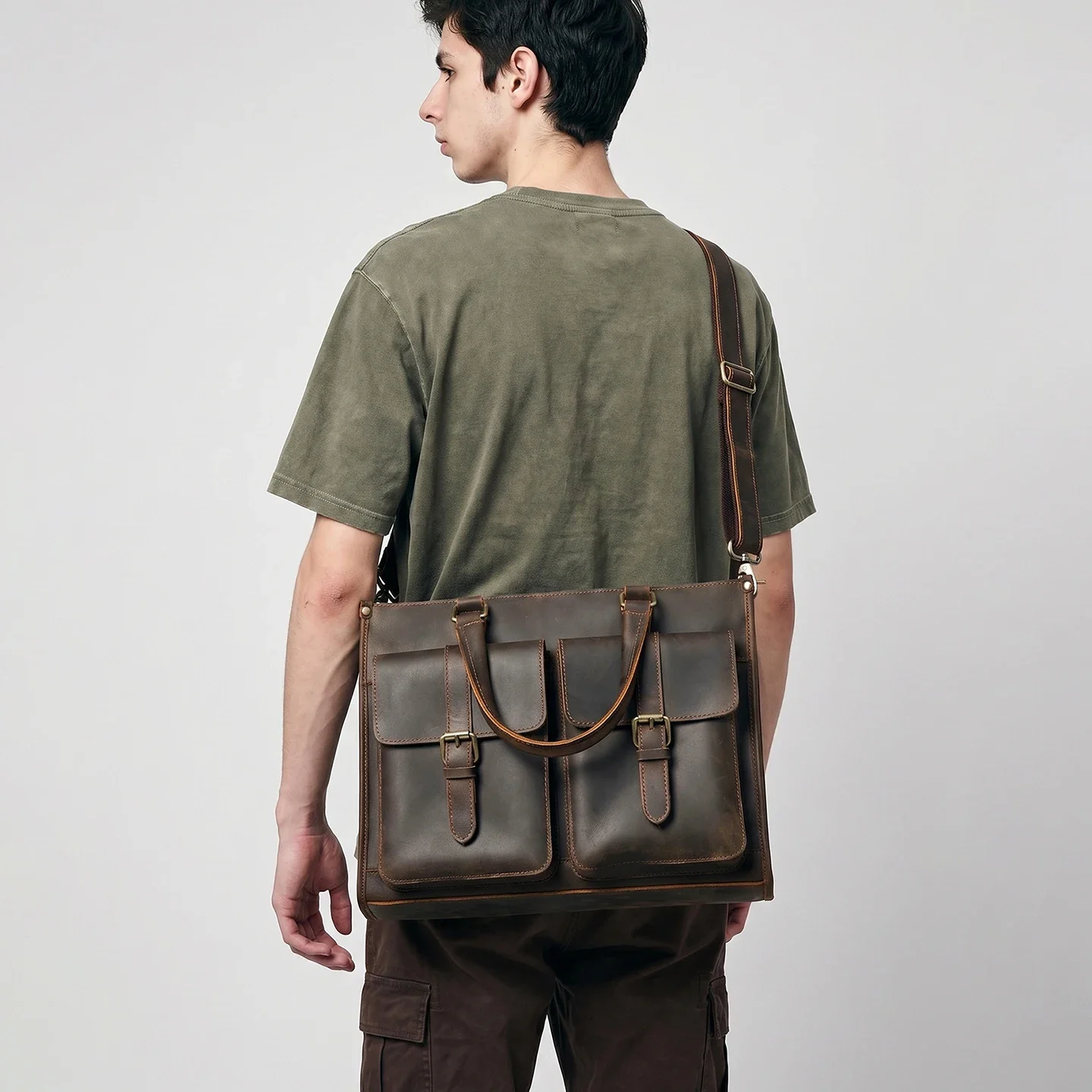 Leatherwork Thread - Vintage Echt Lederen Heren Schoudertas/Briefcase van