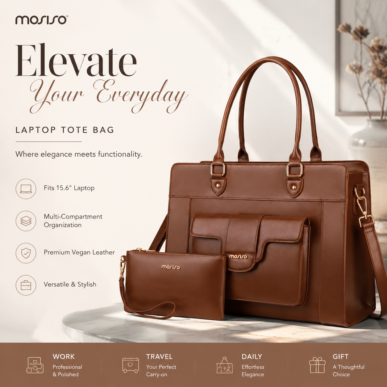 Leather Work Laptop Bag - MOSISO laptoptas voor dames 15,6 inch