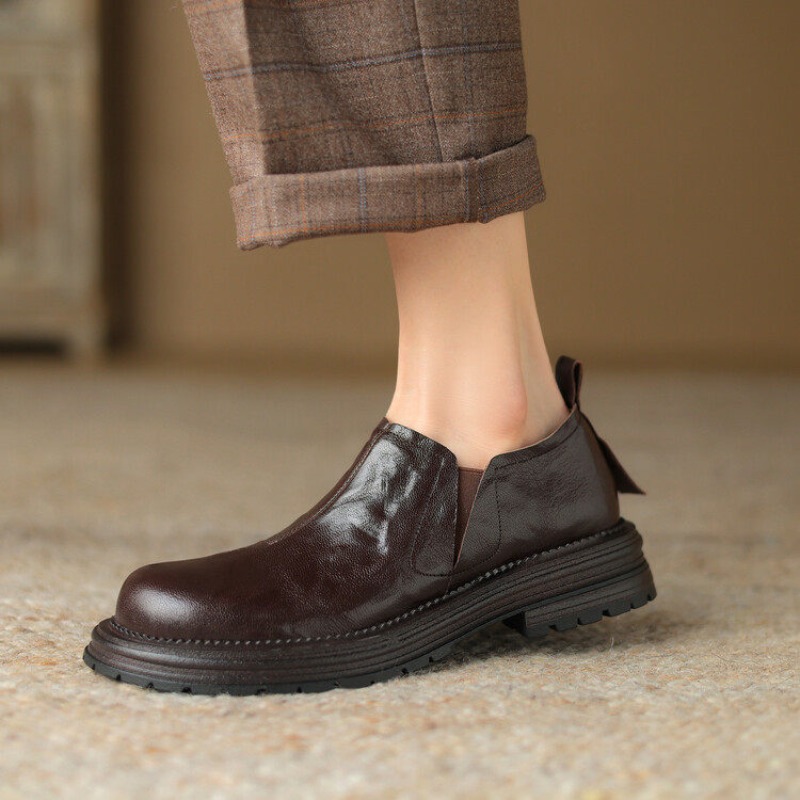 Leather Work Flats Women - Britse stijl ronde neus echt leer