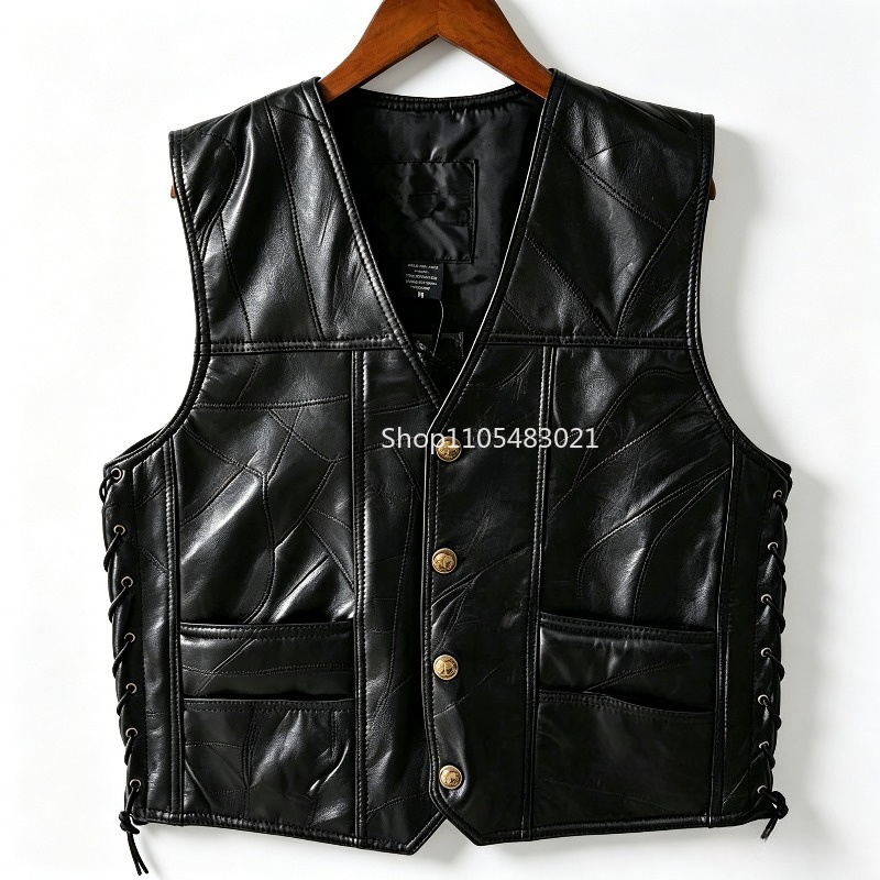 Zwart patchwork leren biker ve - Leather Work Vest recensie en prijs